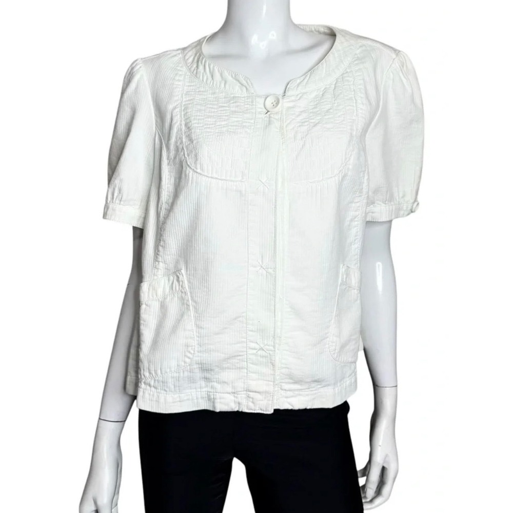 DKNY Jeans Womens XL White Textured Cotton Short Sleeve Button Up Blouse Top